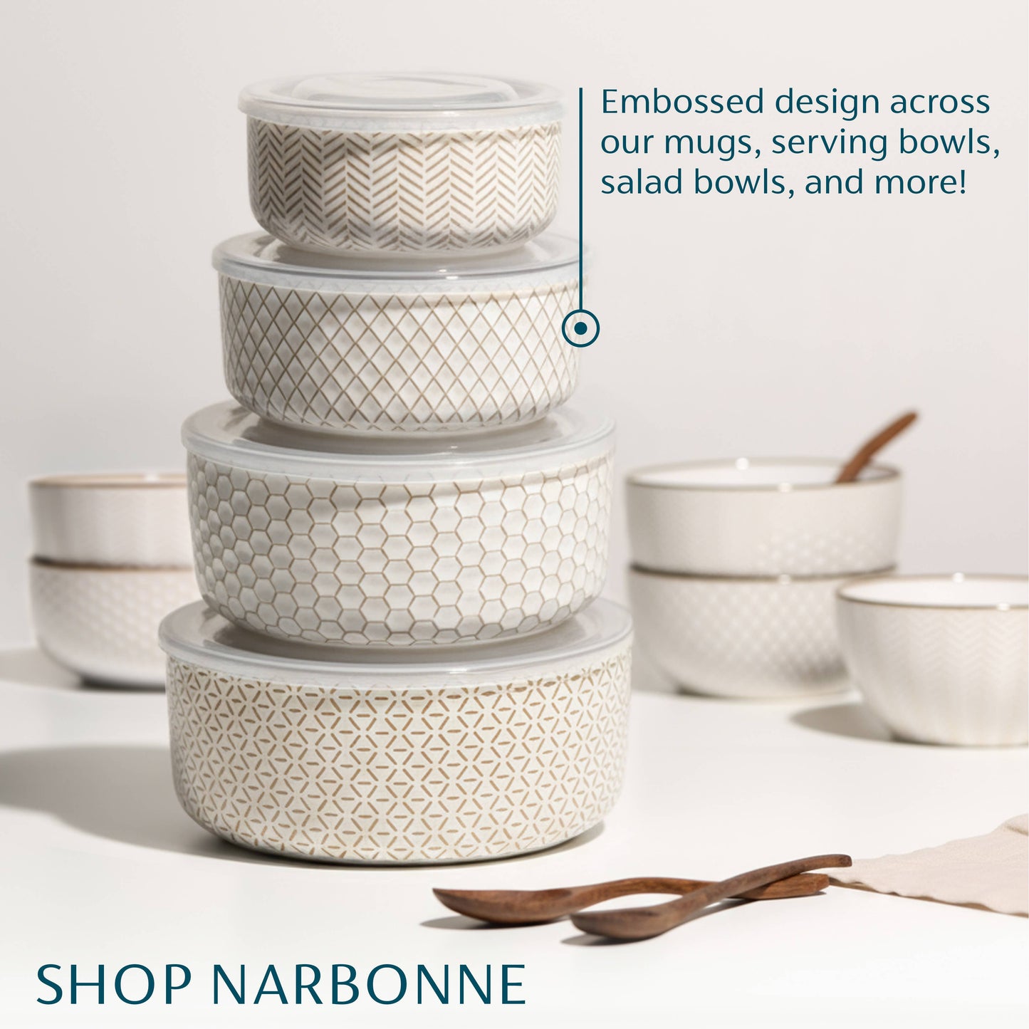 Kook Ceramic Nesting Bowls with Lids, Set of 4, Narbonne Col