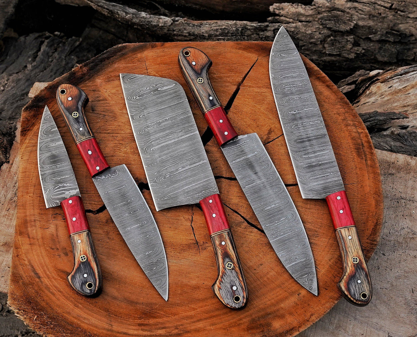 5 Pcs Damascus Steel Chef Set Handmade BBQ Kitchen Knives.
