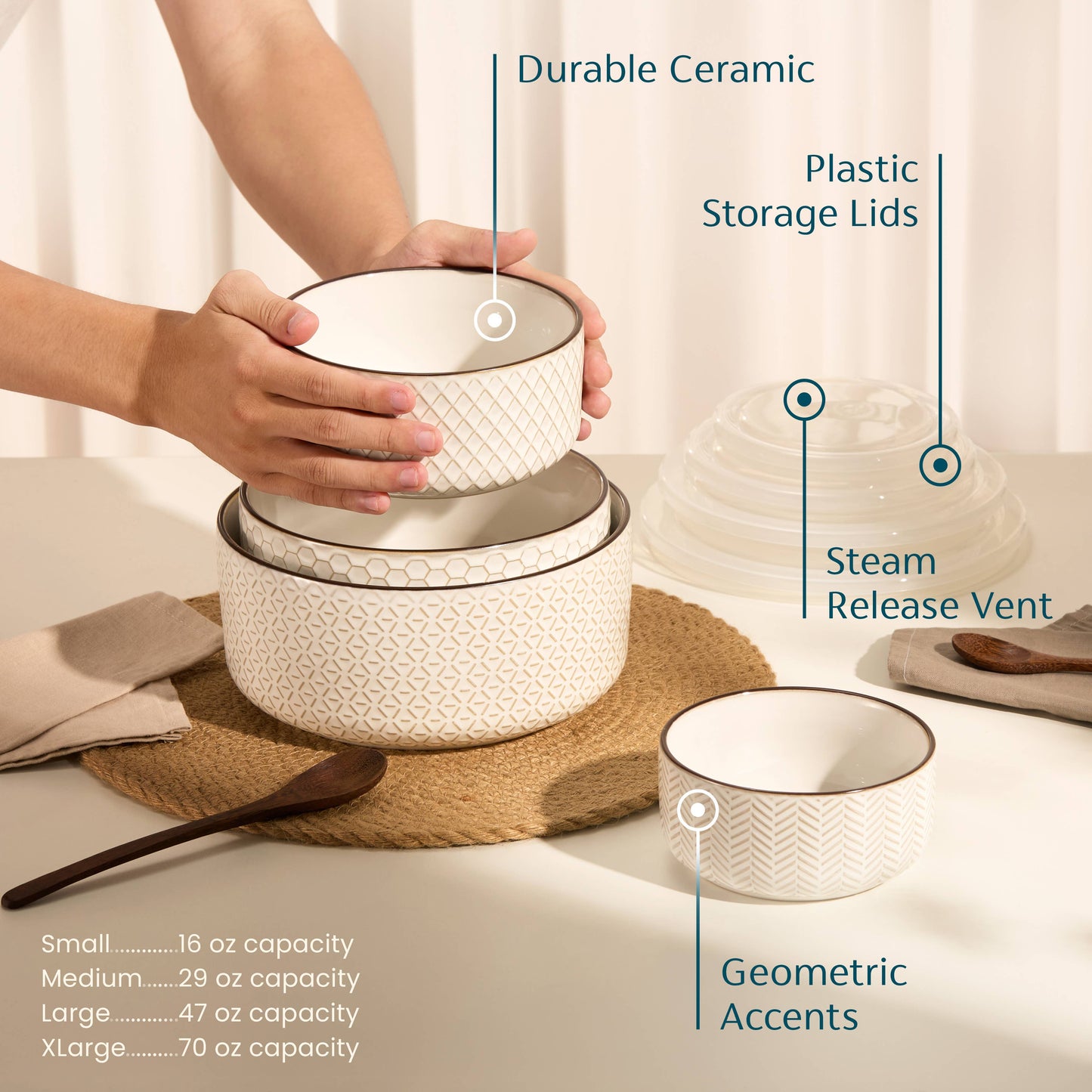 Kook Ceramic Nesting Bowls with Lids, Set of 4, Narbonne Col