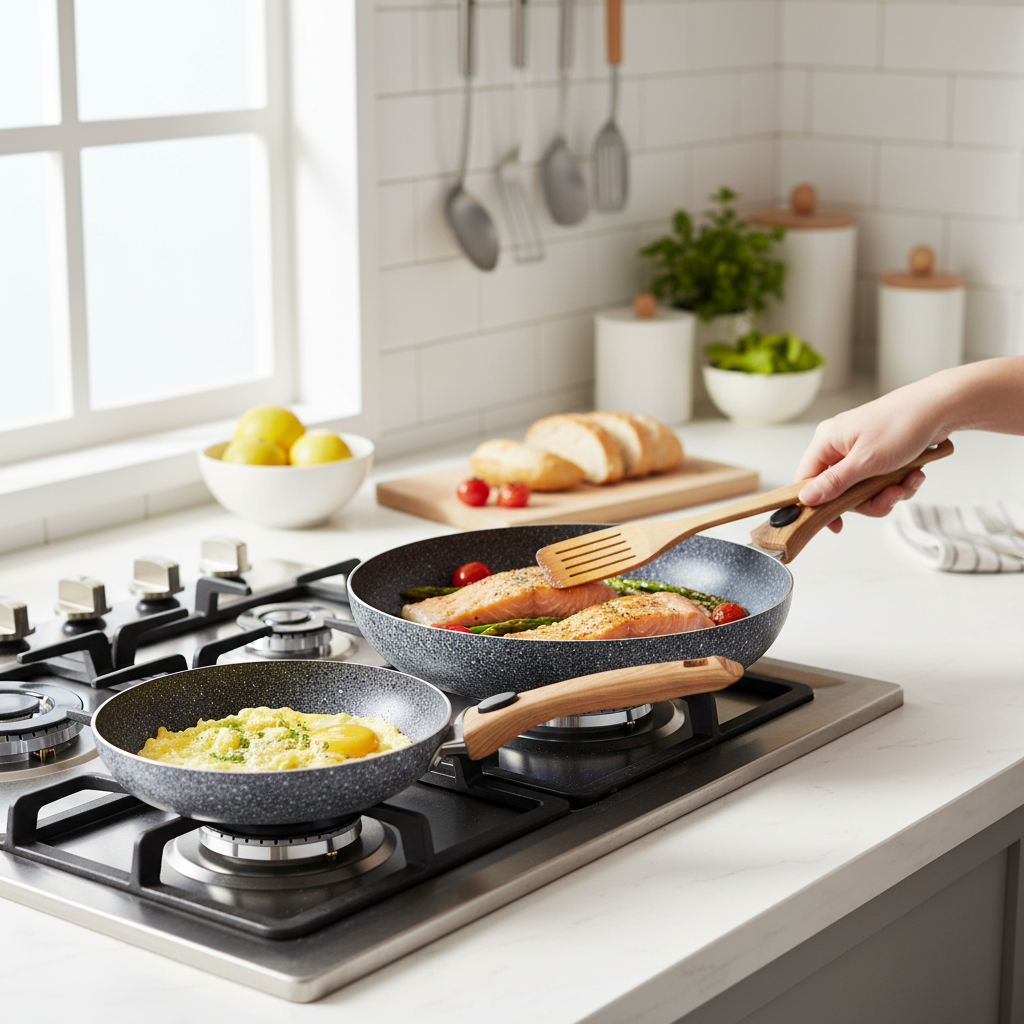 MITBAK Non-Stick Granite Frying Pans Set with Wooden Handle
